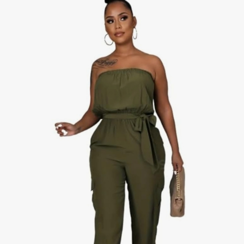 Olive Green Strapless Jumpsuit